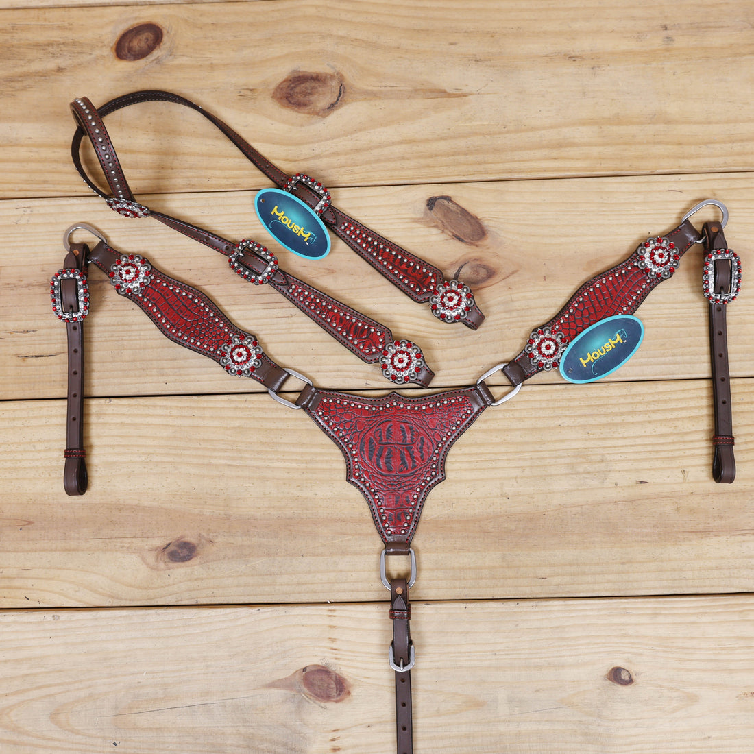 western horse tack set with red alligator printed headstall with gladiator breast collar set with silver studs