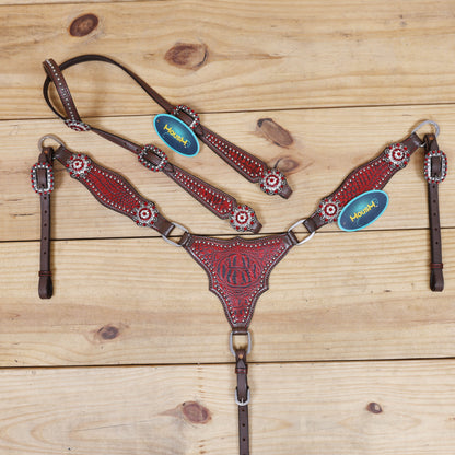 western horse tack set with red alligator printed headstall with gladiator breast collar set with silver studs