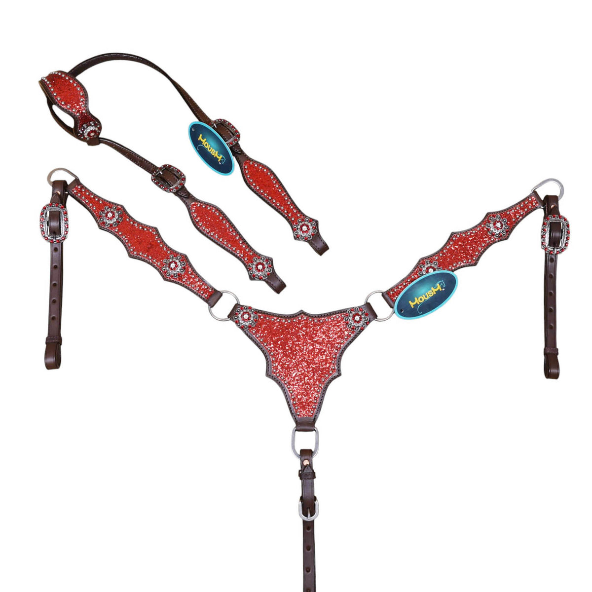 Made from genuine Argentina cow leather, the set features an alligator design with eye-catching red glitter big chunk sparkles, bling rhinestone conchos, and silver studs