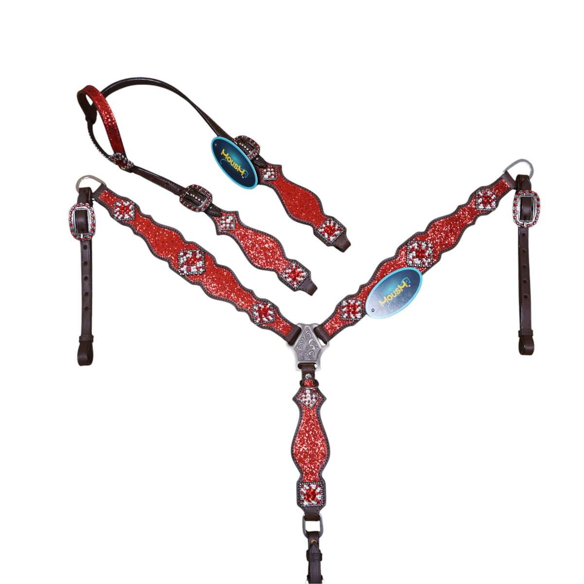 Red glitter Western horse tack crafted from Genuine Argentina Cow Leather with rhinestone conchos, silver studs and antique nickel Western hardware.