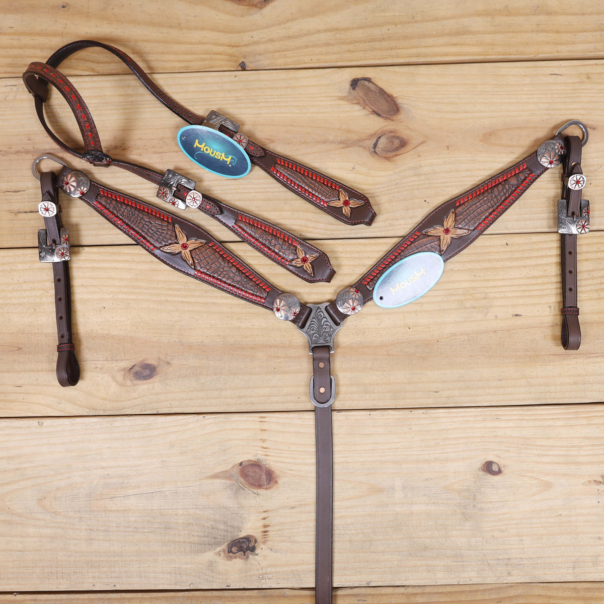 tan and red western horse tack set with two-tone jewel conchos and copper hardware