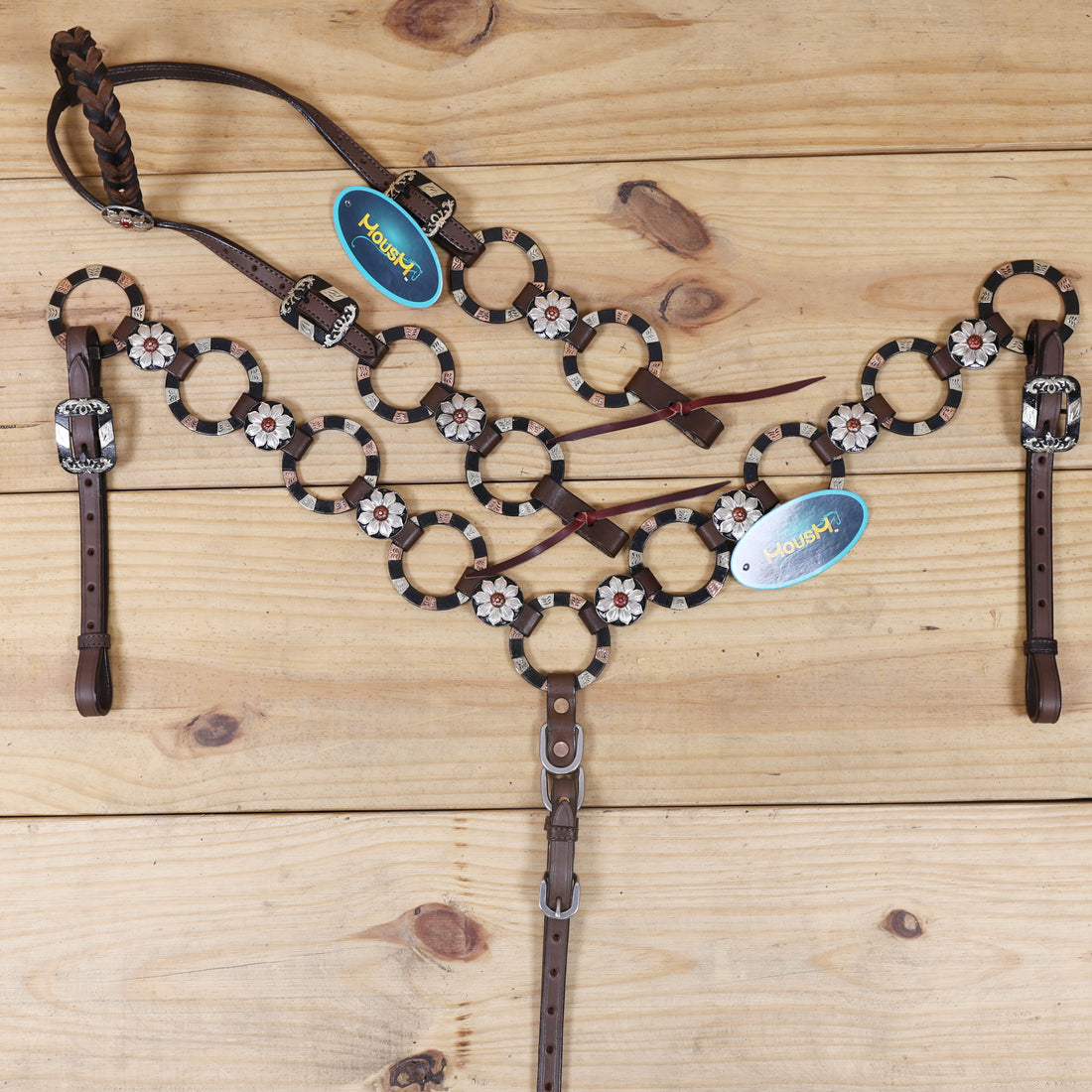 durable western headstall and breast collar set with copper rivet buckles and engraved rings