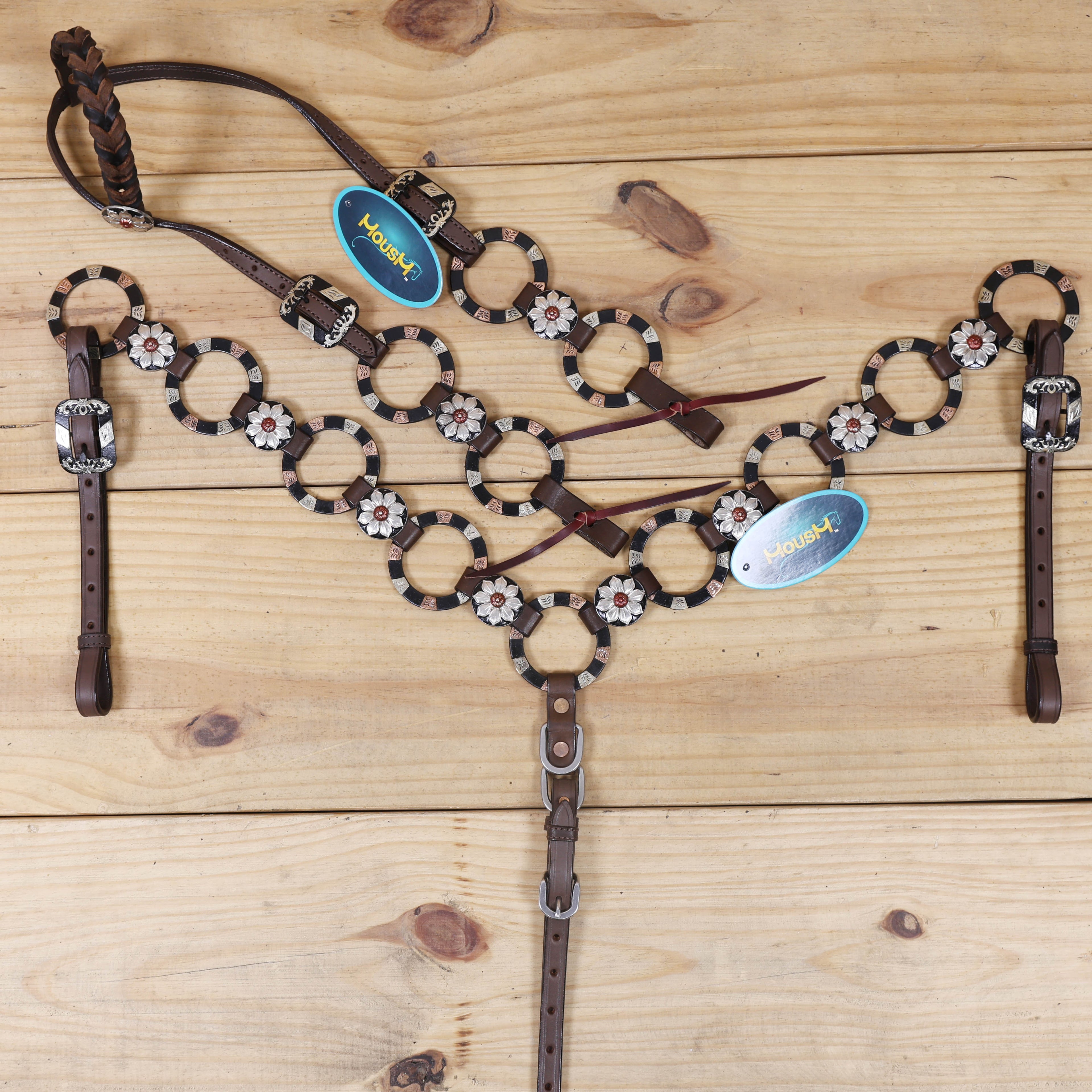 durable western headstall and breast collar set with copper rivet buckles and engraved rings