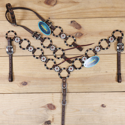 durable western headstall and breast collar set with copper rivet buckles and engraved rings