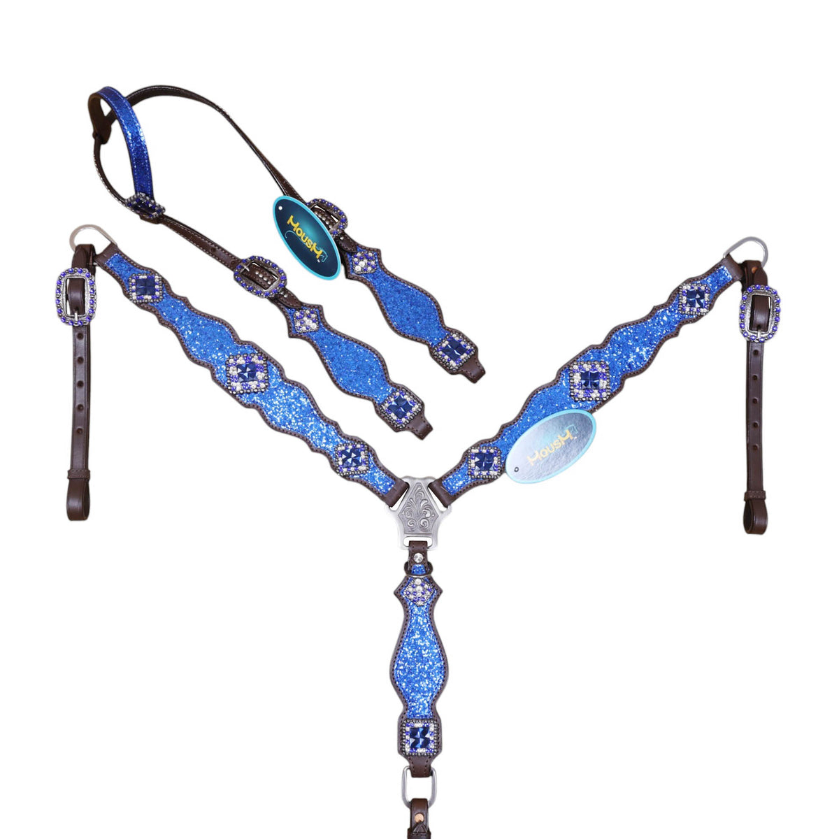 Royal blue glitter horse tack made from Genuine Argentina Cow Leather with rhinestone conchos, silver studs and vintage-style Western hardware.