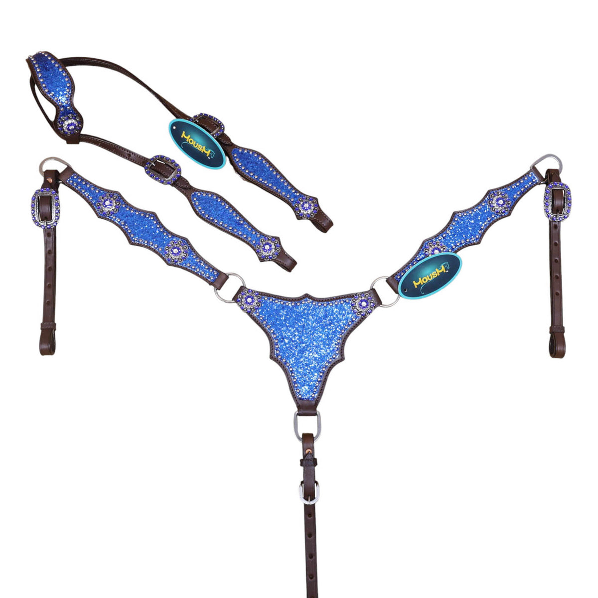 alligator design highlighted with royal blue glitter big chunk sparkles, bling rhinestone conchos, and silver studs.