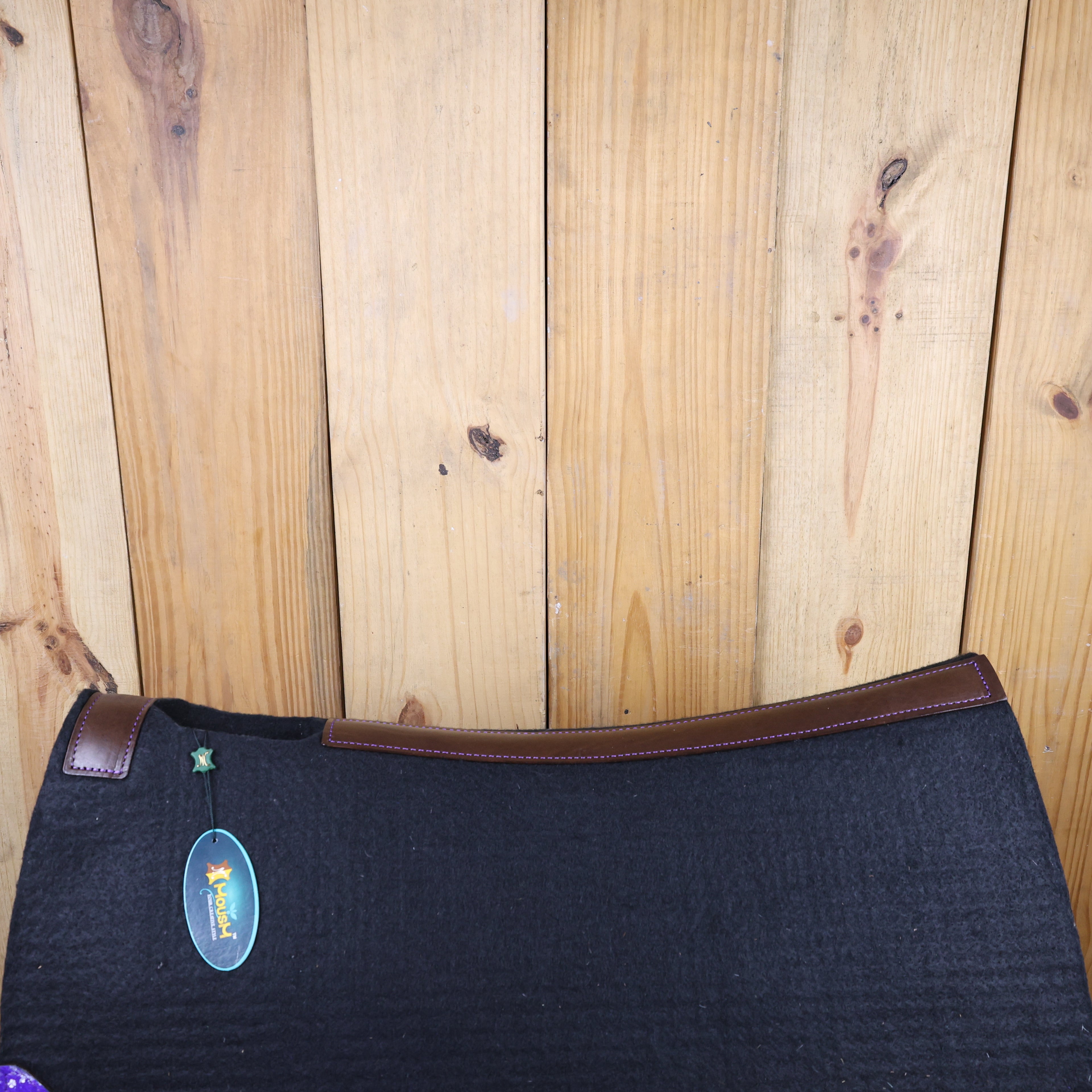 MOSUM Western Saddle Pad - Saddle Pad for Horses Synthetic Wool Blend Black Felt with Purple Acid Wash Hair on Cowhide Leather Patch, Comfort Pad for Horses