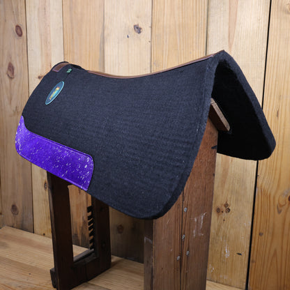 MOSUM Western Saddle Pad - Saddle Pad for Horses Synthetic Wool Blend Black Felt with Purple Acid Wash Hair on Cowhide Leather Patch, Comfort Pad for Horses