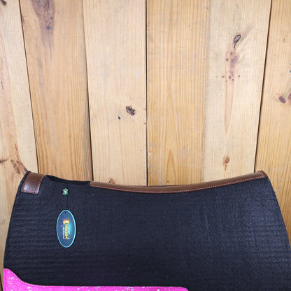 MOSUM Western Saddle Pad - Saddle Pad for Horses Synthetic Wool Blend Black Felt with Pink Acid Wash Hair on Cowhide Leather Patch, Comfort Pad for Horses