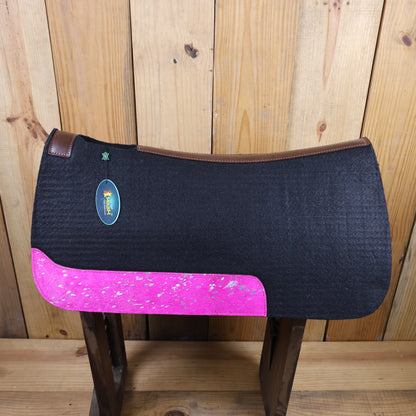 MOSUM Western Saddle Pad - Saddle Pad for Horses Synthetic Wool Blend Black Felt with Pink Acid Wash Hair on Cowhide Leather Patch, Comfort Pad for Horses