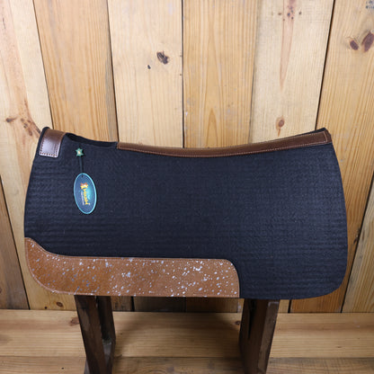 MOSUM Western Saddle Pad - Saddle Pad for Horses Synthetic Wool Blend Black Felt with Brown Acid Wash Hair on Cowhide Leather Patch, Comfort Pad for Horses