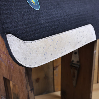 MOSUM Western Saddle Pad - Saddle Pad for Horses Synthetic Wool Blend Black Felt with White Acid Wash Hair on Cowhide Leather Patch, Comfort Pad for Horses