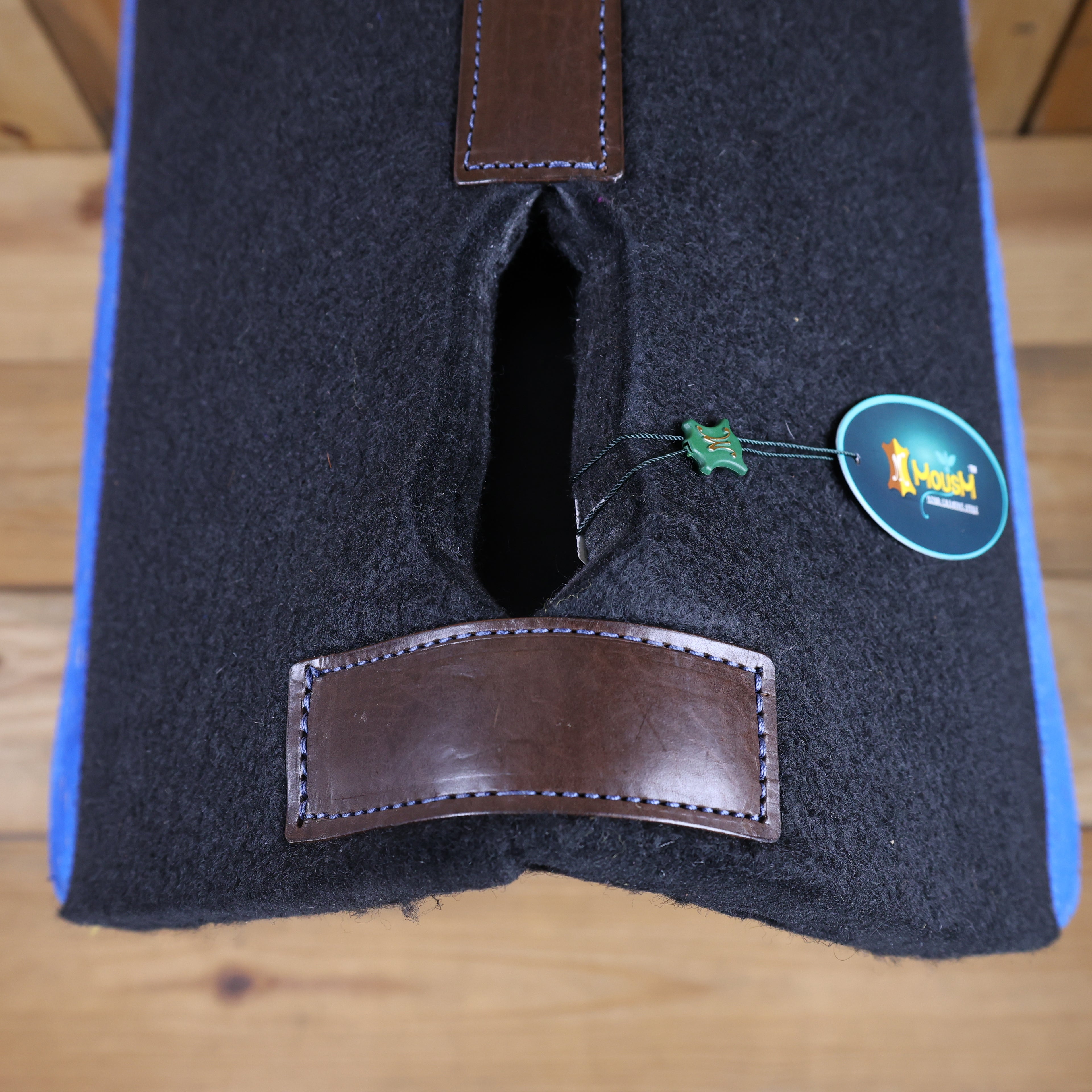 MOSUM Western Saddle Pad - Saddle Pad for Horses Synthetic Wool Blend Black Felt with Royal Blue Acid Wash Hair on Cowhide Leather Patch, Comfort Pad for Horses