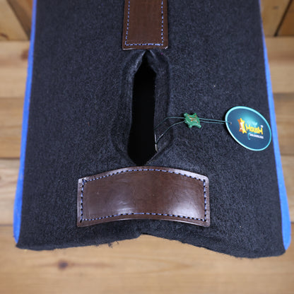 MOSUM Western Saddle Pad - Saddle Pad for Horses Synthetic Wool Blend Black Felt with Royal Blue Acid Wash Hair on Cowhide Leather Patch, Comfort Pad for Horses