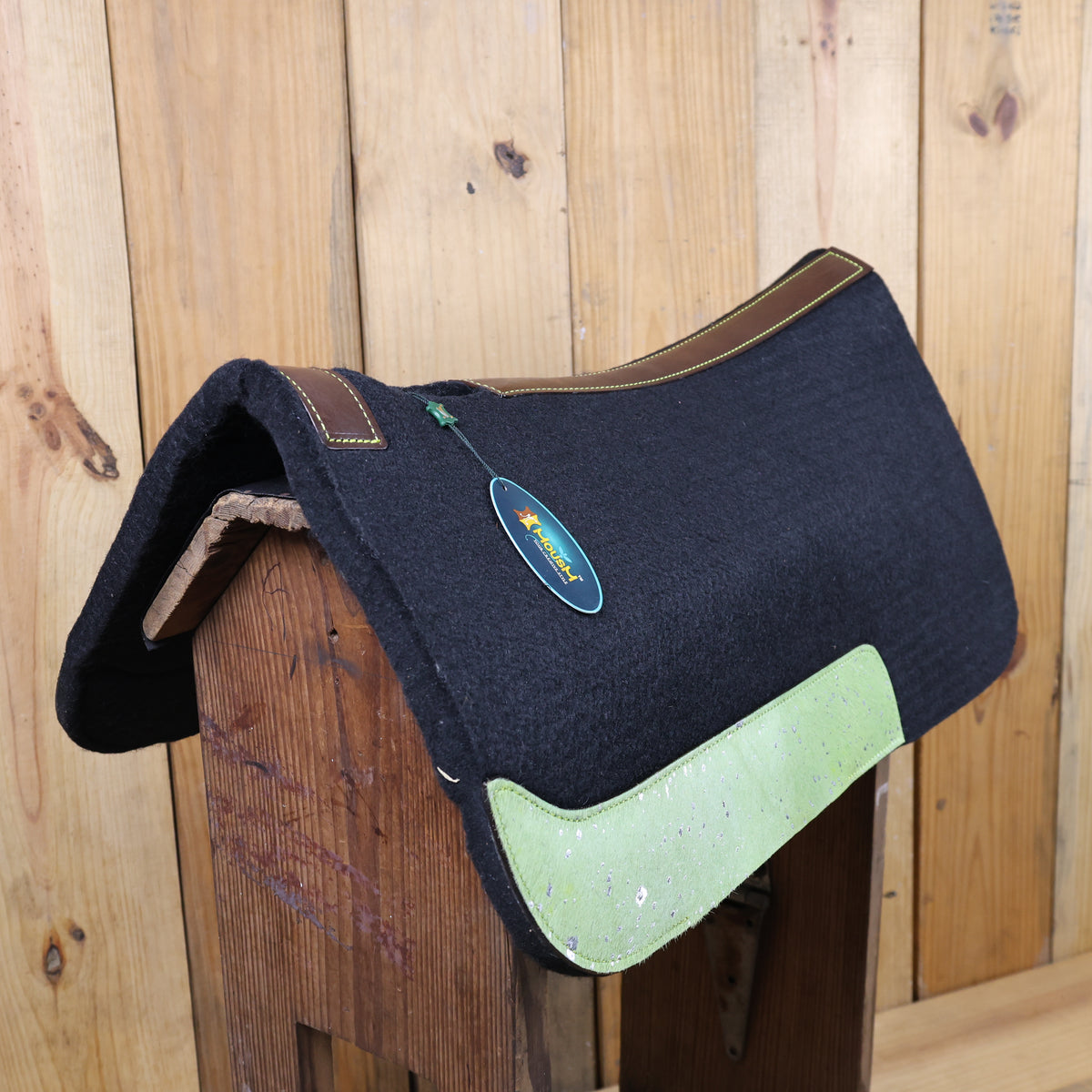 MOSUM Western Saddle Pad - Saddle Pad for Horses Synthetic Wool Blend Black Felt with Lime Green Acid Wash Hair on Cowhide Leather Patch, Comfort Pad for Horses.