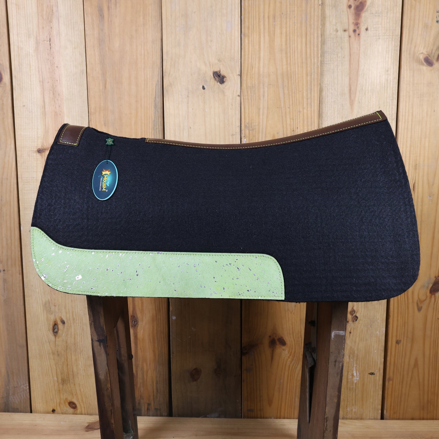 MOSUM Western Saddle Pad - Saddle Pad for Horses Synthetic Wool Blend Black Felt with Lime Green Acid Wash Hair on Cowhide Leather Patch, Comfort Pad for Horses