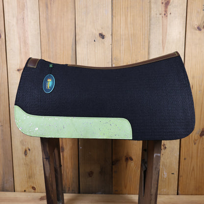 MOSUM Western Saddle Pad - Saddle Pad for Horses Synthetic Wool Blend Black Felt with Lime Green Acid Wash Hair on Cowhide Leather Patch, Comfort Pad for Horses