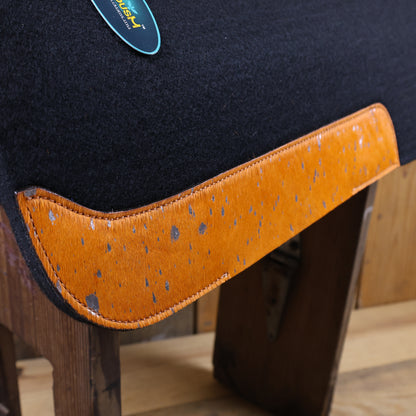 MOSUM Western Saddle Pad - Saddle Pad for Horses Synthetic Wool Blend Black Felt with Orange Acid Wash Hair on Cowhide Leather Patch, Comfort Pad for Horses