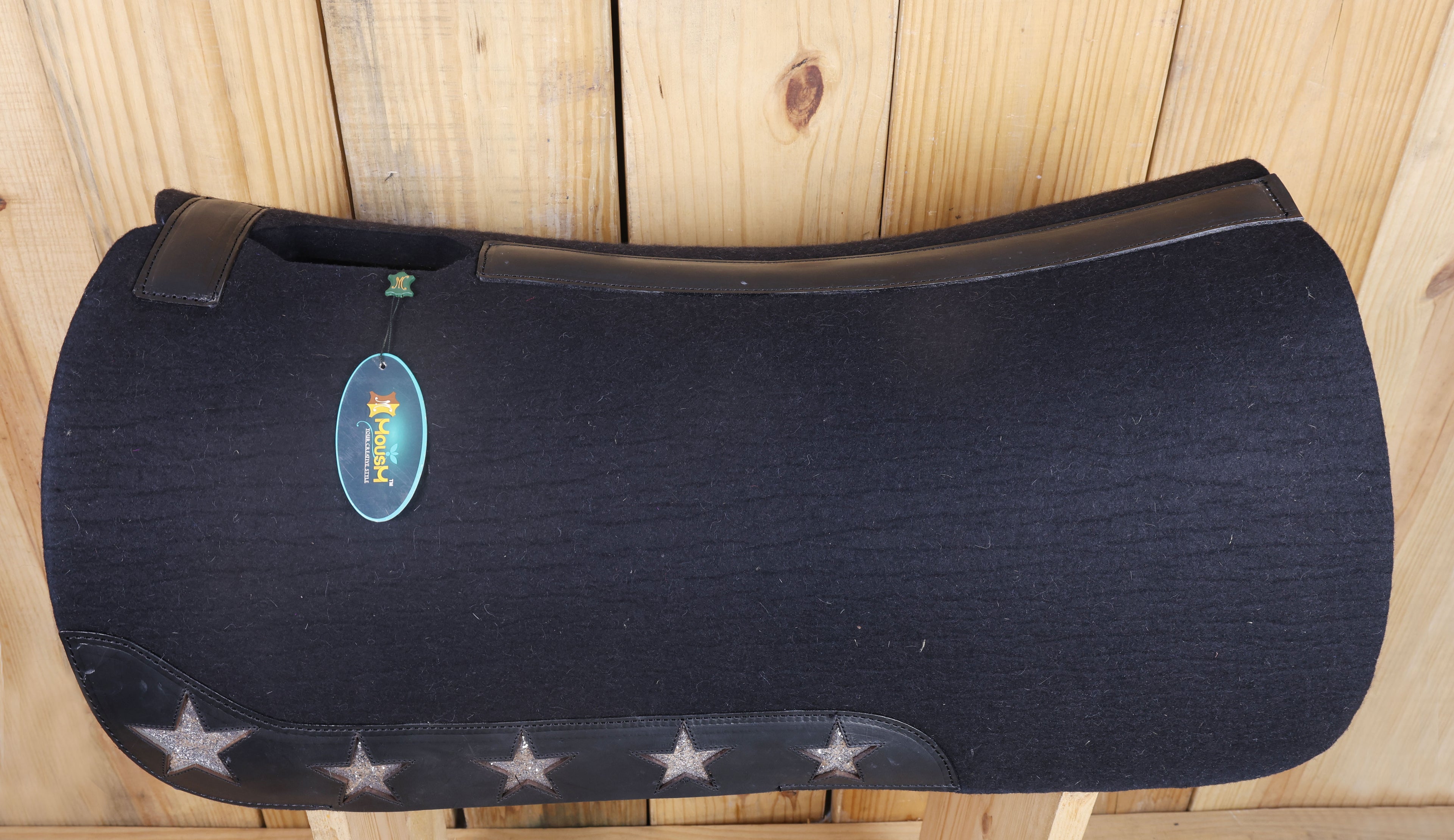 MOUSM Western Saddle Pad - 5 Star Saddle Pad with Full Skirt with Cutout Feather Trim and Leather Reinforced Spine Decorated with Cutout Star with Silver Glitter Inlay on Real Cow Hide Leather, Comfortable Saddle Pads
