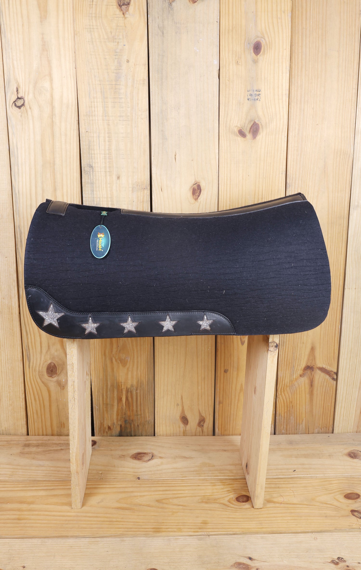 MOUSM Western Saddle Pad - 5 Star Saddle Pad with Full Skirt with Cutout Feather Trim and Leather Reinforced Spine Decorated with Cutout Star with Silver Glitter Inlay on Real Cow Hide Leather, Comfortable Saddle Pads