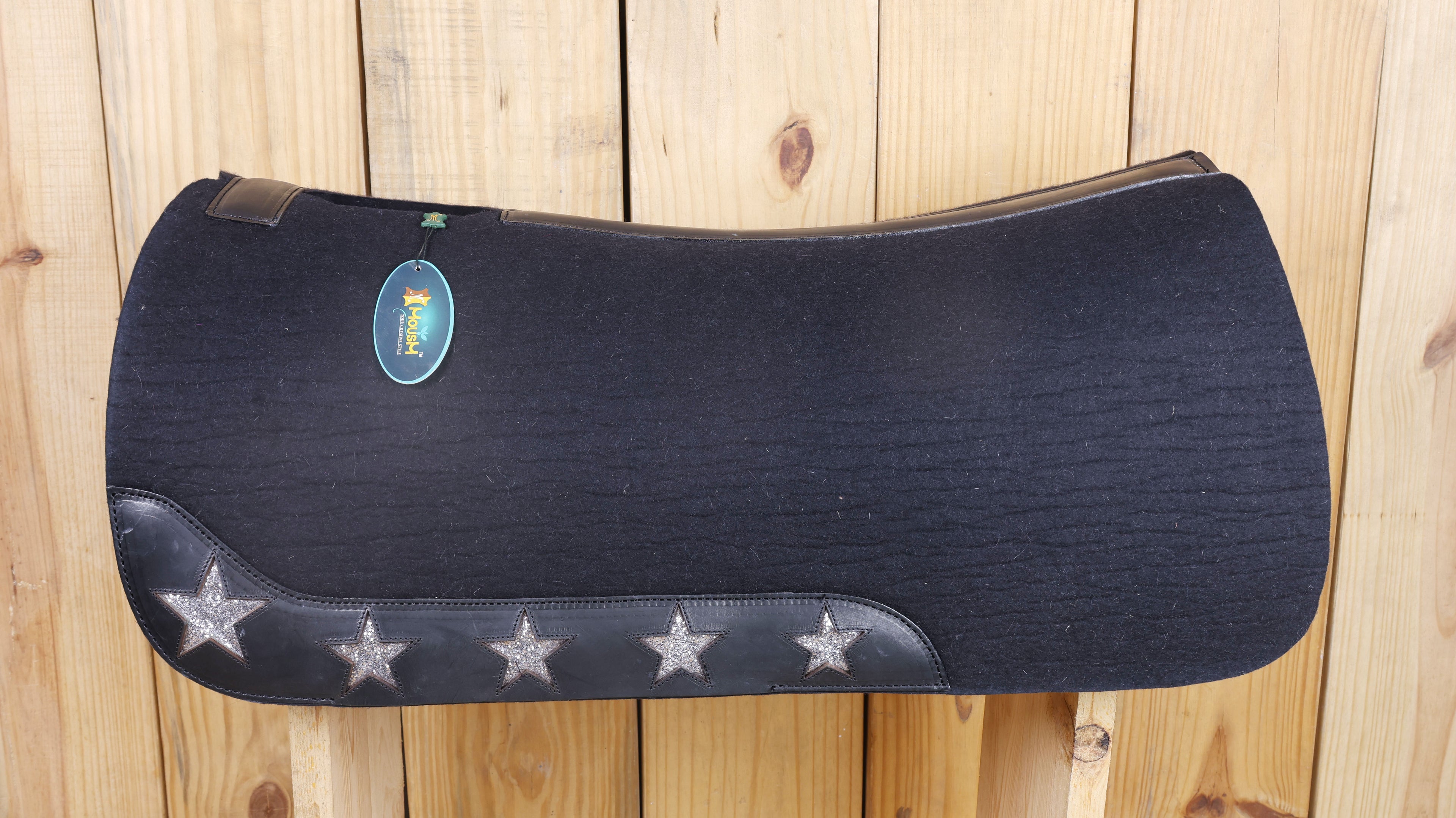 MOUSM Western Saddle Pad - 5 Star Saddle Pad with Full Skirt with Cutout Feather Trim and Leather Reinforced Spine Decorated with Cutout Star with Silver Glitter Inlay on Real Cow Hide Leather, Comfortable Saddle Pads