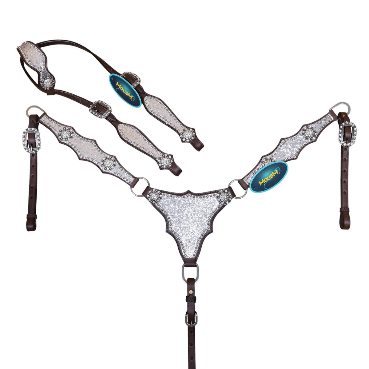 Argentina cow leather, this full-horse set features an alligator design decorated with silver glitter big chunk sparkles, bling rhinestone conchos, and silver studs. The antique nickel hardware adds a vintage Western feel, while copper rivet buckles bring a distinctive handcrafted detail.