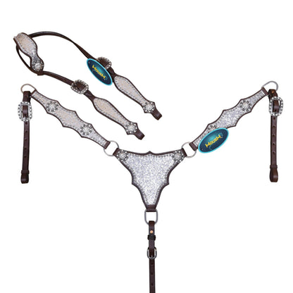Argentina cow leather, this full-horse set features an alligator design decorated with silver glitter big chunk sparkles, bling rhinestone conchos, and silver studs. The antique nickel hardware adds a vintage Western feel, while copper rivet buckles bring a distinctive handcrafted detail.