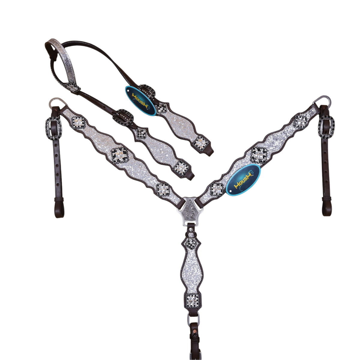 Genuine Argentina Cow Leather forms the base, while the sparkling silver finish, rhinestone conchos, and silver studs create a bold show-ready appearance.