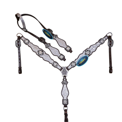 Genuine Argentina Cow Leather forms the base, while the sparkling silver finish, rhinestone conchos, and silver studs create a bold show-ready appearance.