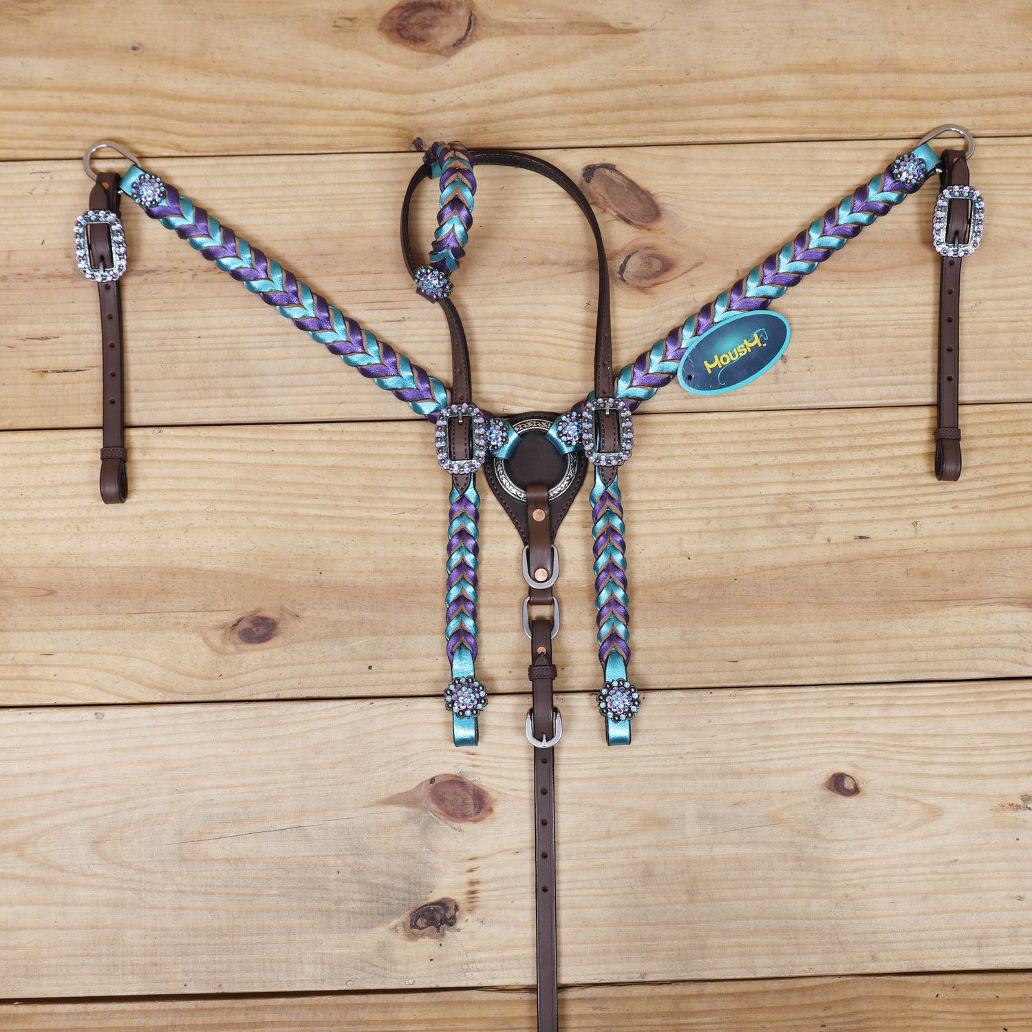 purple and teal twisted braided western horse tack set with shiny rhinestone conchos