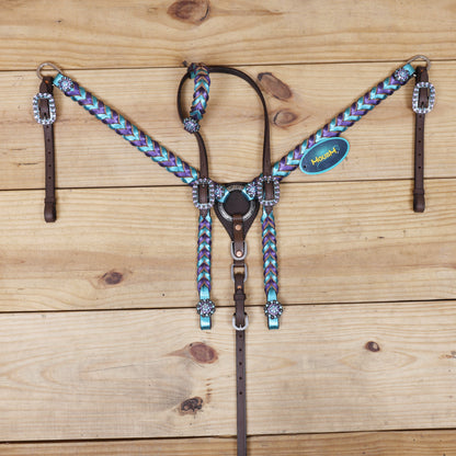 purple and teal twisted braided western horse tack set with shiny rhinestone conchos