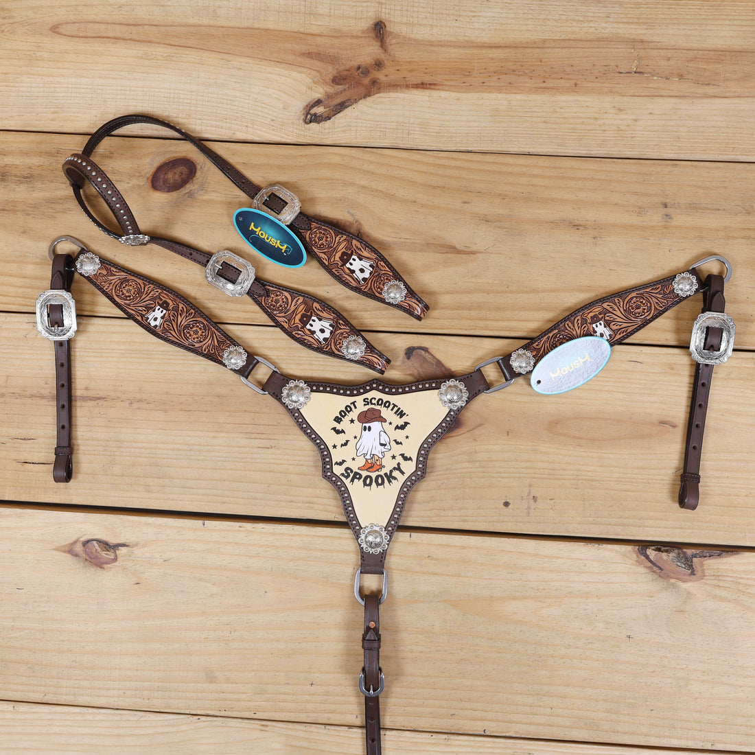 Western headstall and breast collar set with Halloween ghost engraving and silver studs