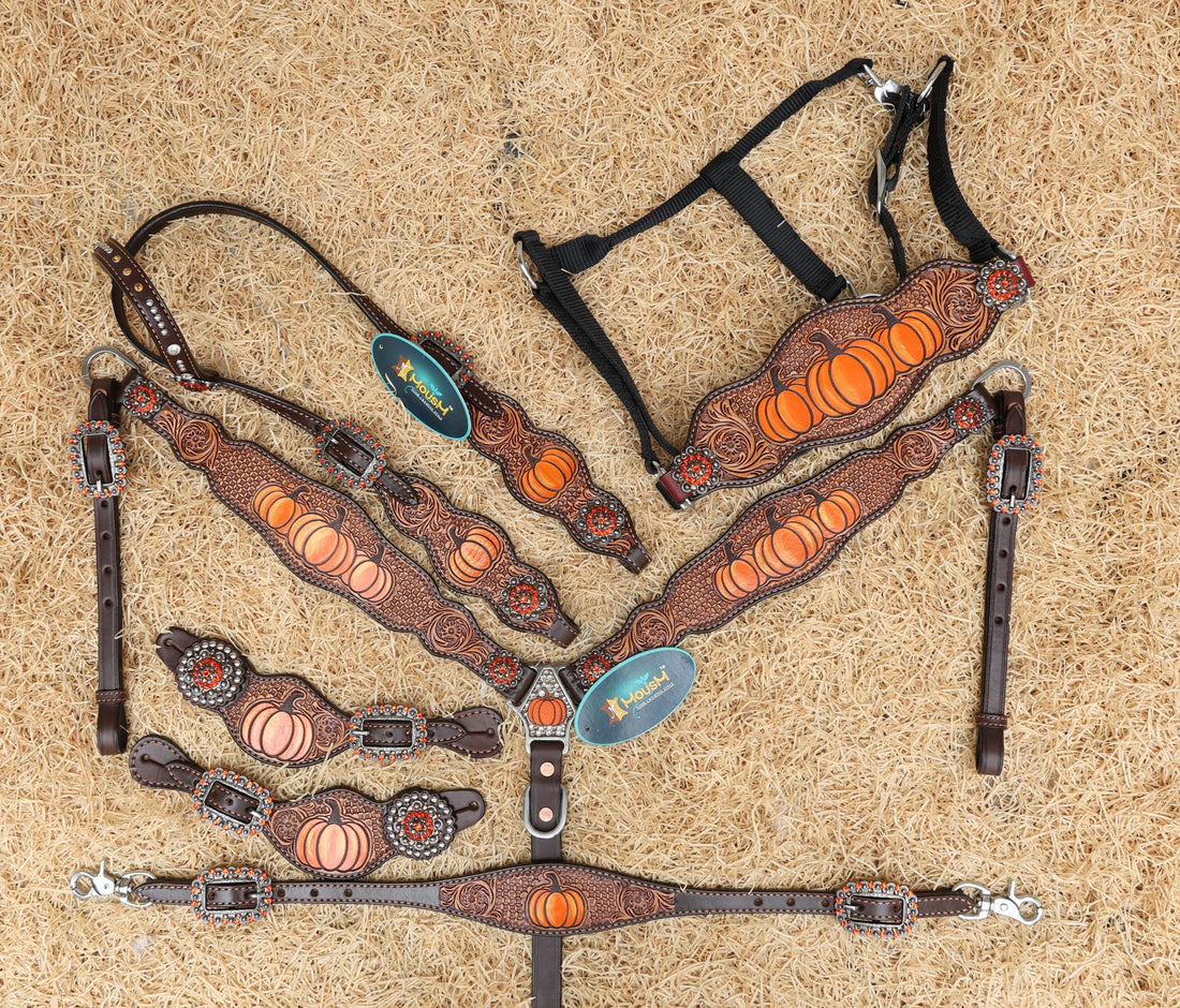 halloween theme pumpkin western headstall and breast collar tack set with bronc halter wither and spur starp