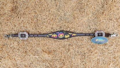 spooky leather wither strap decorated with fluorescent halloween pumpkin print with rhinestone concho