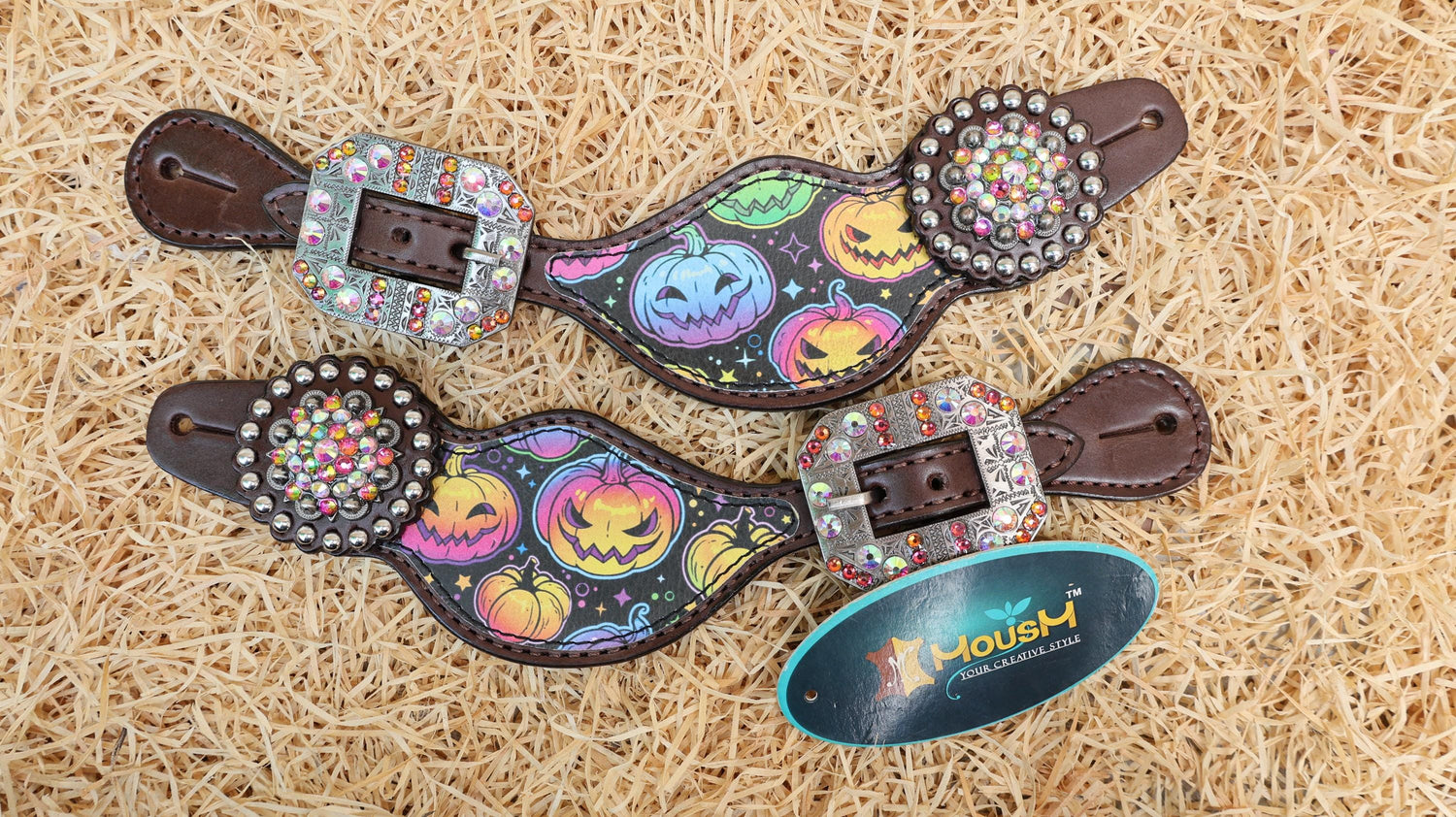 fluorescent halloween pumpkin print  eye catching and festive design western spur strap