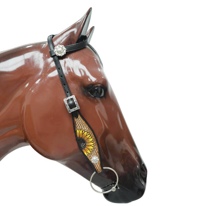A beautifully painted sunflower carving cheekpiece with rope basket weave tooling