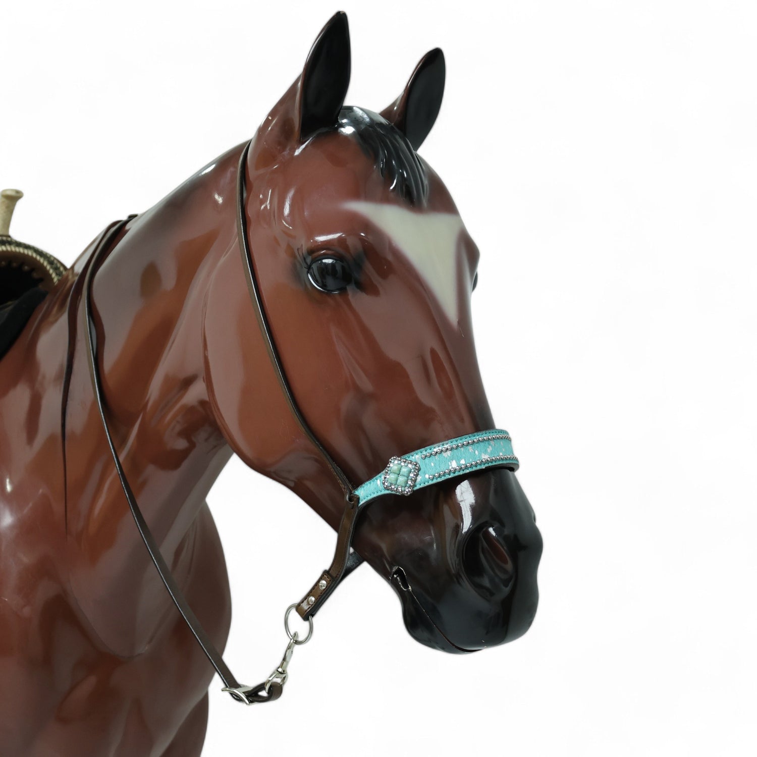 MOUSM Genuine Cow Hide Leather Tie Down Noseband with Leather Strap for Horse - Decorated with Turquoise Metallic Acid Wash Natural Hair On Cowhide and Alligator Turquoise Stone, 1 Meter Strap Length and 6/8&quot; Inches width