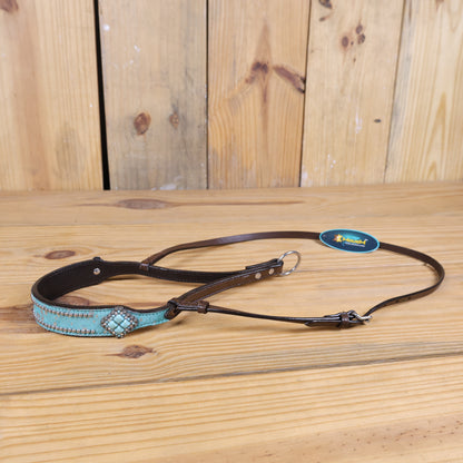 MOUSM Genuine Cow Hide Leather Tie Down Noseband with Leather Strap for Horse - Decorated with Turquoise Metallic Acid Wash Natural Hair On Cowhide and Alligator Turquoise Stone, 1 Meter Strap Length and 6/8&quot; Inches width