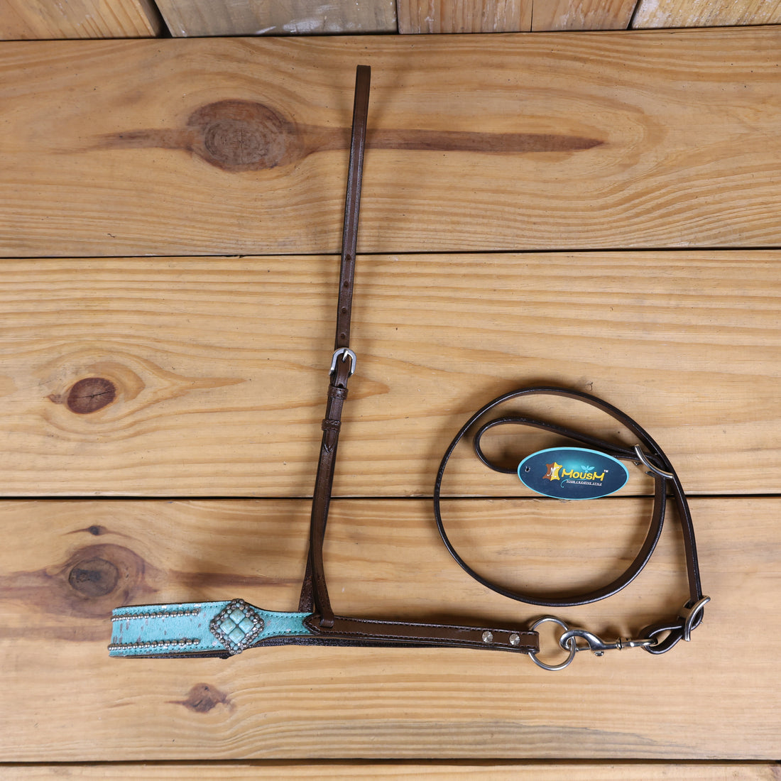 MOUSM Genuine Cow Hide Leather Tie Down Noseband with Leather Strap for Horse - Decorated with Turquoise Metallic Acid Wash Natural Hair On Cowhide and Alligator Turquoise Stone, 1 Meter Strap Length and 6/8&quot; Inches width