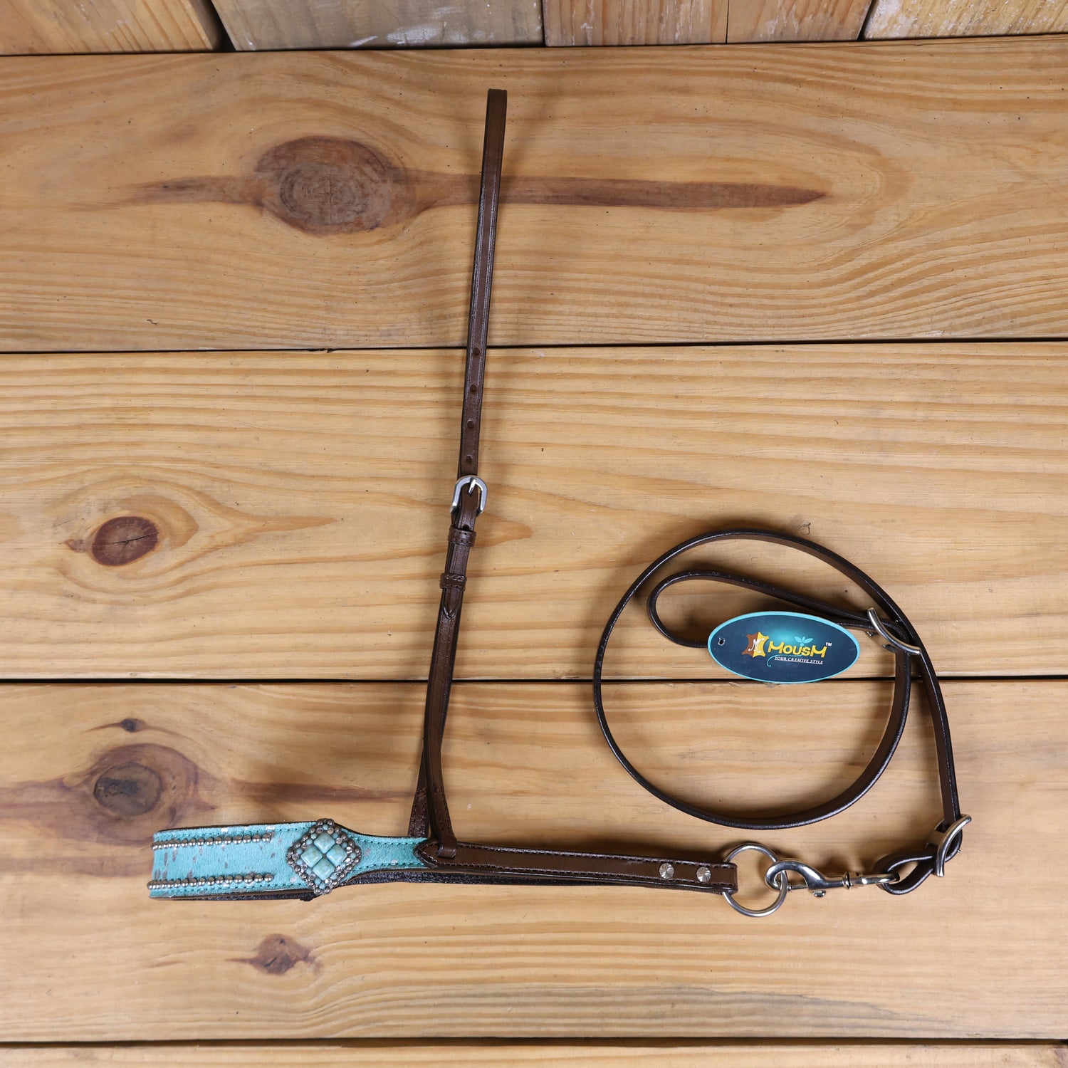 MOUSM Genuine Cow Hide Leather Tie Down Noseband with Leather Strap for Horse - Decorated with Turquoise Metallic Acid Wash Natural Hair On Cowhide and Alligator Turquoise Stone, 1 Meter Strap Length and 6/8&quot; Inches width