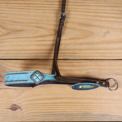 MOUSM Genuine Cow Hide Leather Tie Down Noseband with Leather Strap for Horse - Decorated with Turquoise Metallic Acid Wash Natural Hair On Cowhide and Alligator Turquoise Stone, 1 Meter Strap Length and 6/8&quot; Inches width