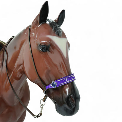 MOUSM Genuine Cow Hide Leather Tie Down Noseband with Leather Strap for Horse - Decorated with Purple Metallic Acid Wash Natural Hair On Cowhide and Rhinestone Conchos, 1 Meter Strap Length and 6/8&quot; Inches width