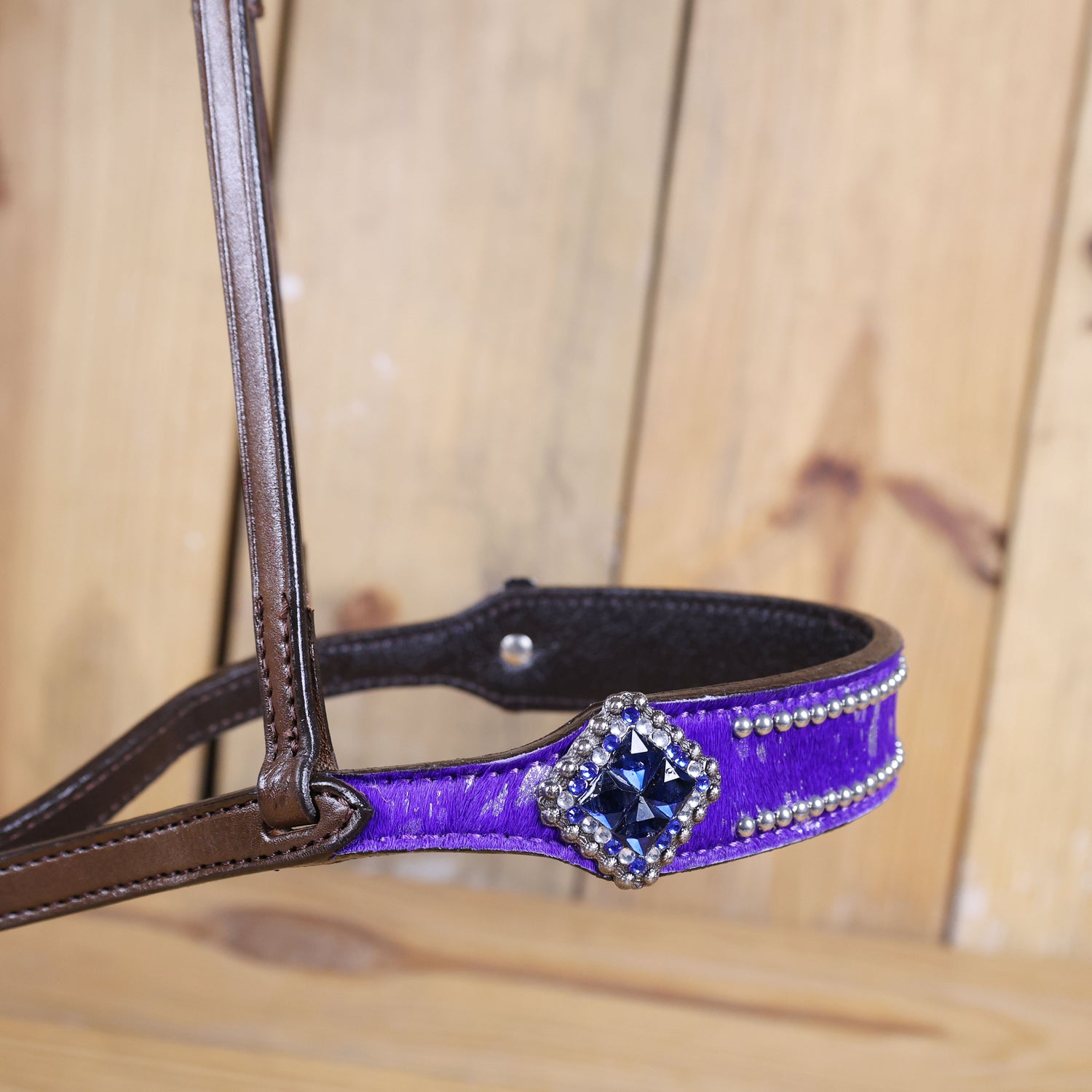 MOUSM Genuine Cow Hide Leather Tie Down Noseband with Leather Strap for Horse - Decorated with Purple Metallic Acid Wash Natural Hair On Cowhide and Rhinestone Conchos, 1 Meter Strap Length and 6/8&quot; Inches width