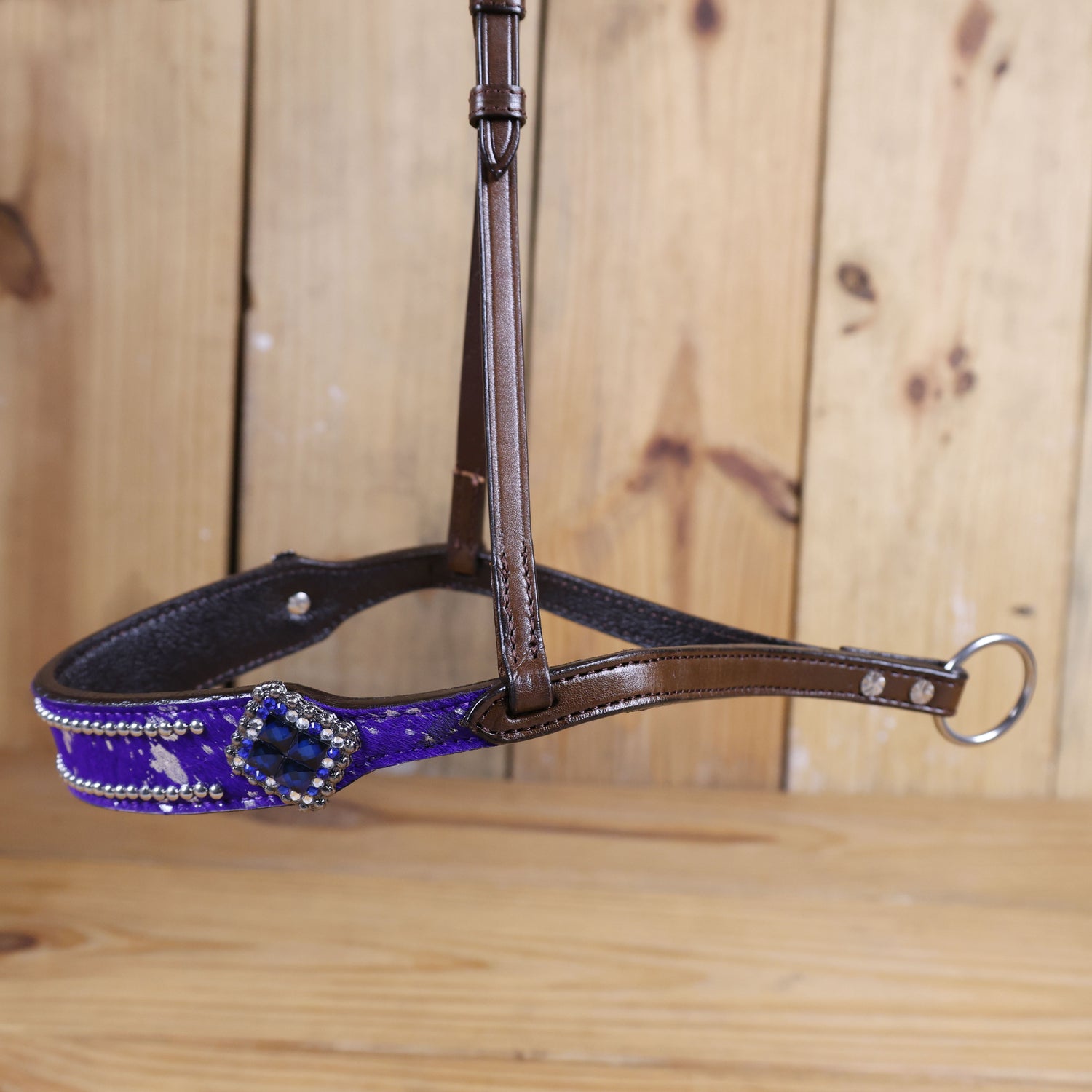 MOUSM Genuine Cow Hide Leather Tie Down Noseband with Leather Strap for Horse - Decorated with Purple Metallic Acid Wash Natural Hair On Cowhide and Rhinestone Conchos, 1 Meter Strap Length and 6/8&quot; Inches width