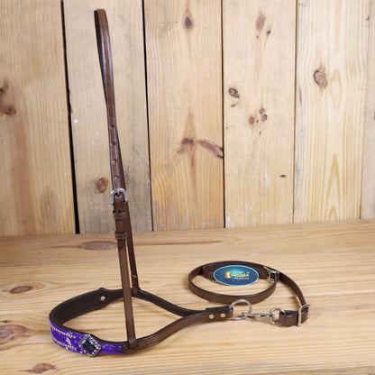 MOUSM Genuine Cow Hide Leather Tie Down Noseband with Leather Strap for Horse - Decorated with Purple Metallic Acid Wash Natural Hair On Cowhide and Rhinestone Conchos, 1 Meter Strap Length and 6/8&quot; Inches width