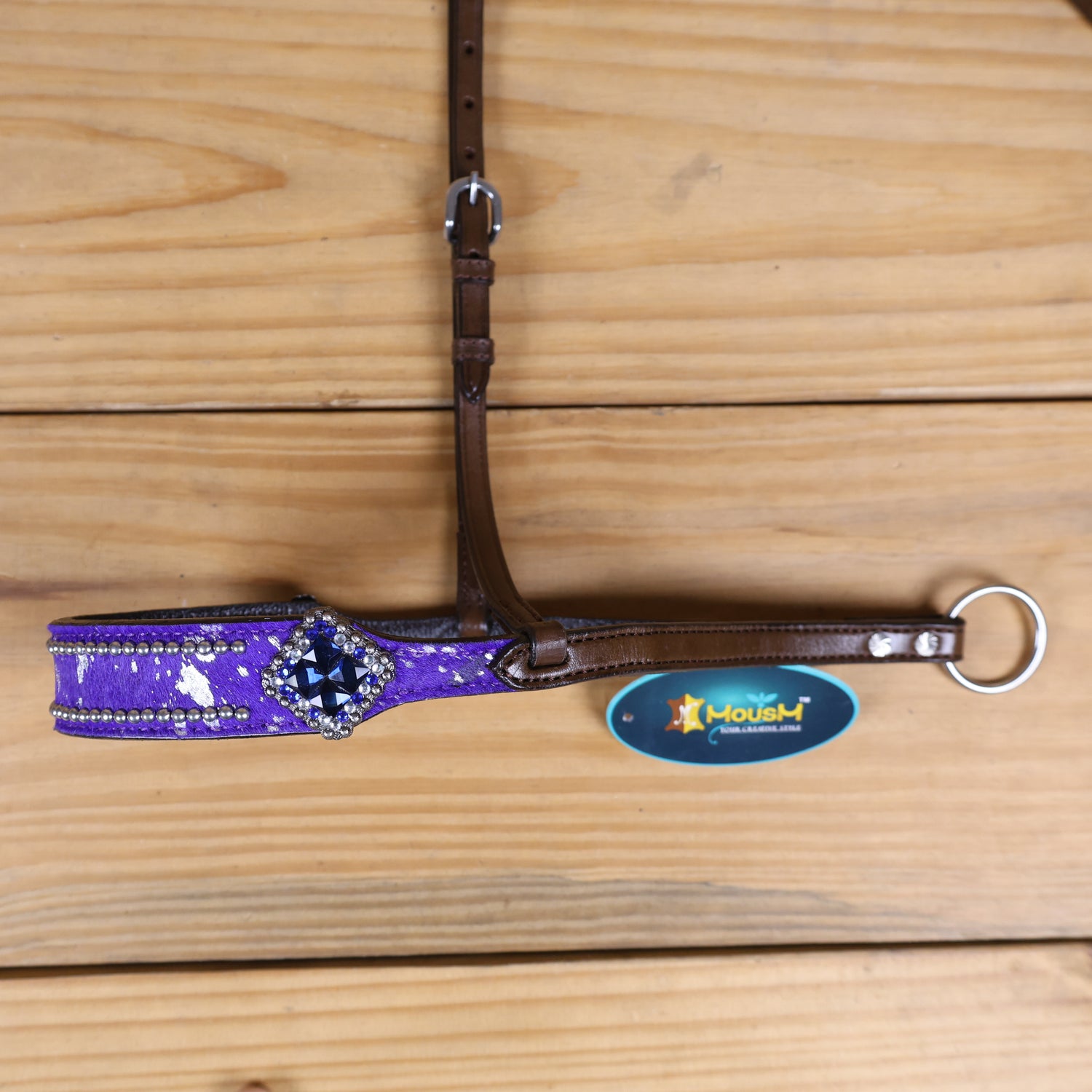 MOUSM Genuine Cow Hide Leather Tie Down Noseband with Leather Strap for Horse - Decorated with Purple Metallic Acid Wash Natural Hair On Cowhide and Rhinestone Conchos, 1 Meter Strap Length and 6/8&quot; Inches width