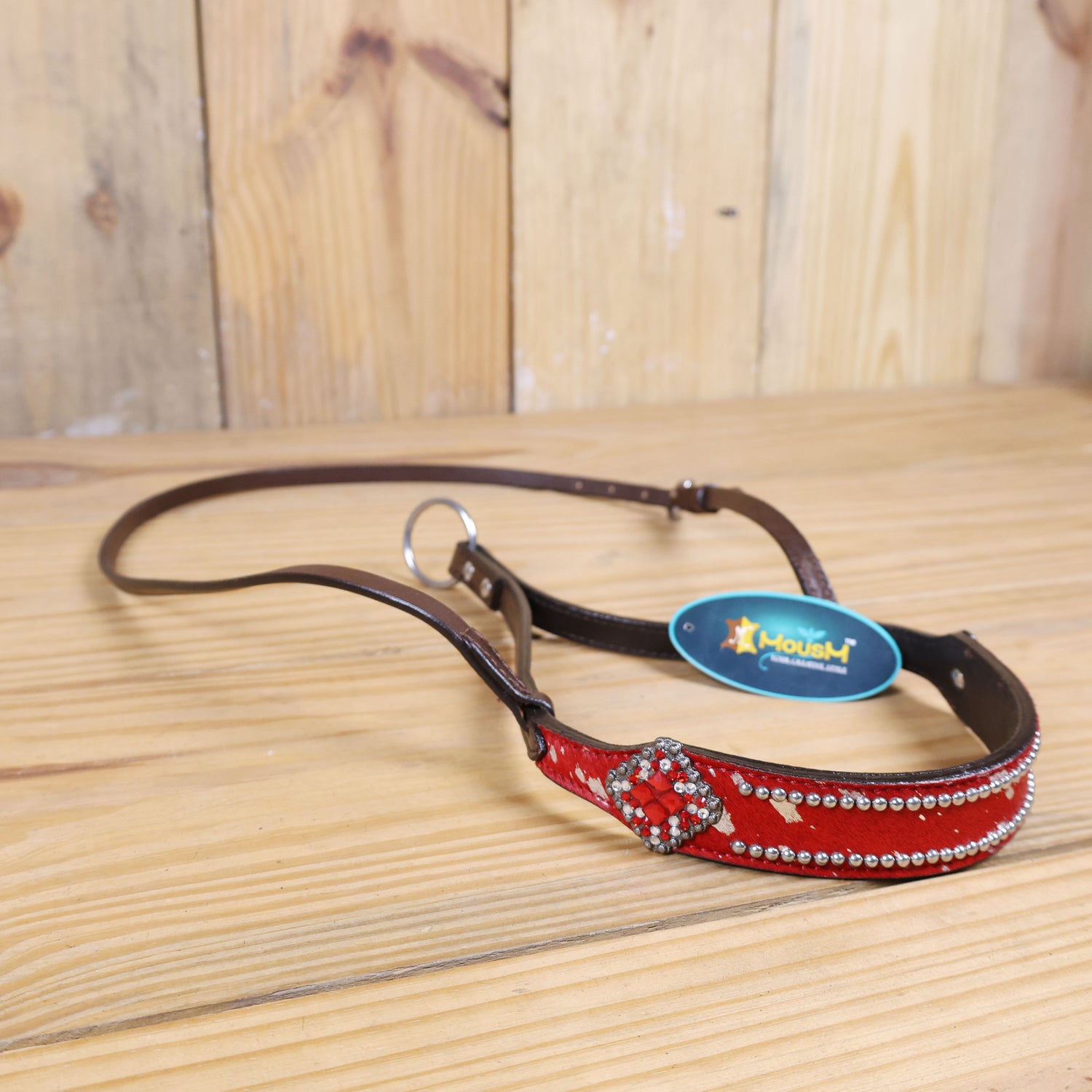 MOUSM Genuine Cow Hide Leather Tie Down Noseband with Leather Strap for Horse - Decorated with Red Metallic Acid Wash Natural Hair On Cowhide and Rhinestone Conchos, 1 Meter Strap Length and 6/8&quot; Inches width