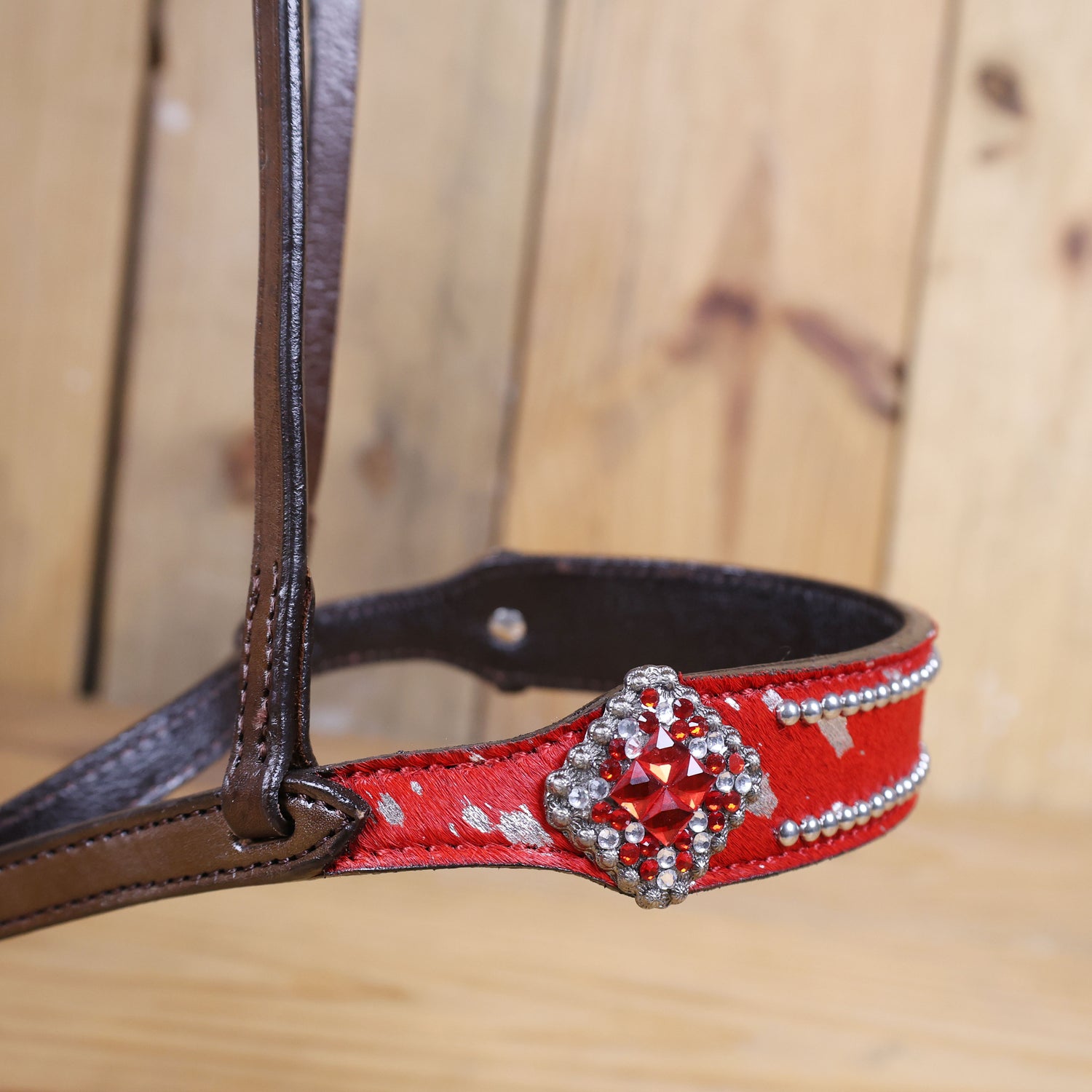 MOUSM Genuine Cow Hide Leather Tie Down Noseband with Leather Strap for Horse - Decorated with Red Metallic Acid Wash Natural Hair On Cowhide and Rhinestone Conchos, 1 Meter Strap Length and 6/8&quot; Inches width