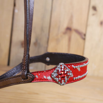 MOUSM Genuine Cow Hide Leather Tie Down Noseband with Leather Strap for Horse - Decorated with Red Metallic Acid Wash Natural Hair On Cowhide and Rhinestone Conchos, 1 Meter Strap Length and 6/8&quot; Inches width