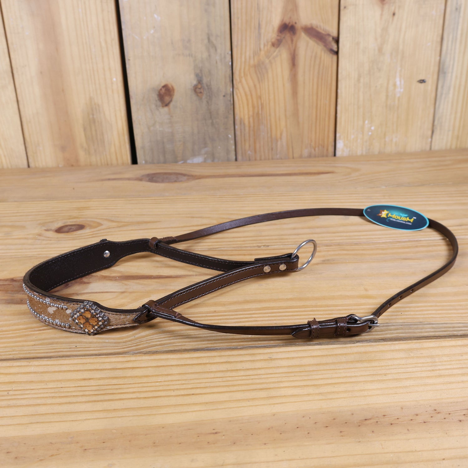 MOUSM Genuine Cow Hide Leather Tie Down Noseband with Leather Strap for Horse - Decorated with Brown Metallic Acid Wash Natural Hair On Cowhide and Rhinestone Conchos, 1 Meter Strap Length and 6/8&quot; Inches width